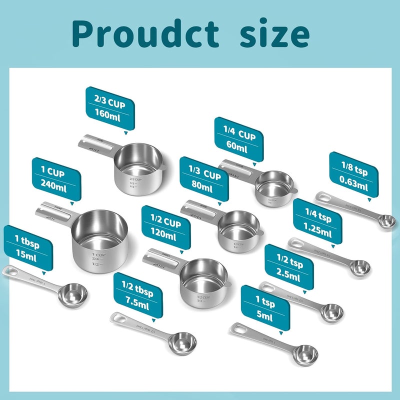 Minteem Measuring Cups and Spoons Set, Stainless Steel Measuring Cups Measuring Spoons with Easy to Read Markings, Ideal Kitchen Gadgets for Cooking & Baking, 11 Pack - Image 2